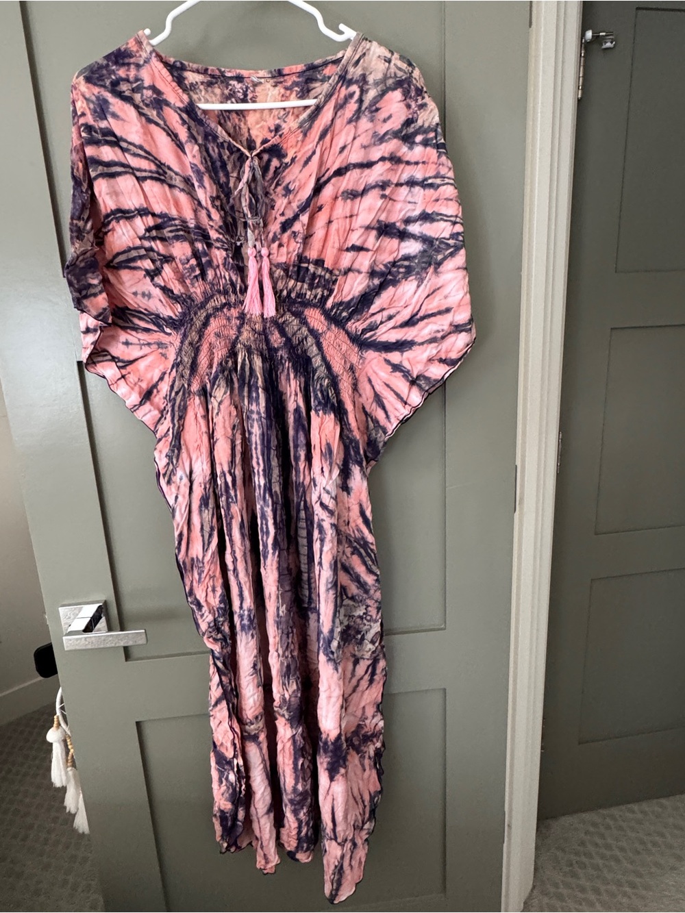 Bohemian Pink Tie-Dye Maxi Dress with Tassel Tie